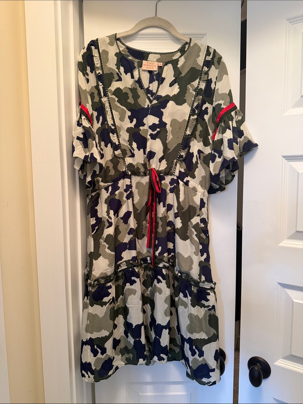 Rungolee Camouflage Print Tie-Waist Dress with Red Accent